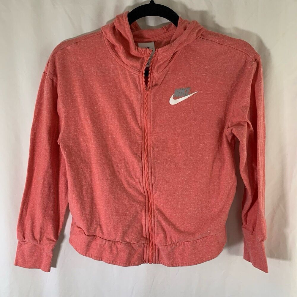 Nike Hoodie Girls Medium Pink Full Zip Long Sleeve Pockets 100% Cotton Print